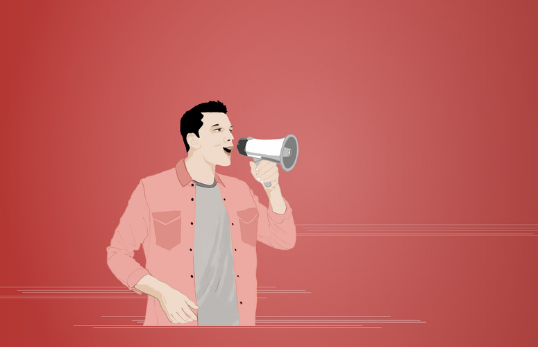 Auf einem hellroten Untergrund ist die Illustration eines Mannes zu sehen. Er spricht in ein Megaphone.